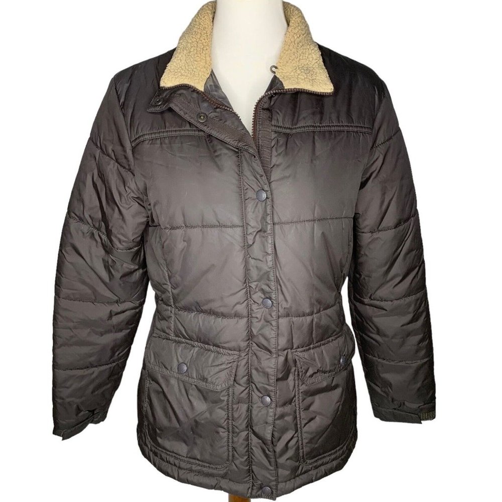 Lands End Quilted Jacket with Sherpa Collar Size Small 6 8 Brown Snap Zip Front